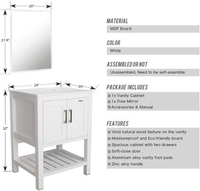 24” Bathroom Vanity Sink Combo White Cabinet Square Ceramic Vessel Sink