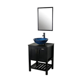 24'' Modern Bathroom Vanity Cabinet Combo Square Blue Glass Vessel Sink Combo 1.5 GPM Brass Faucet and Pop Up Drain and ORB Mounting Ring, W/Mirror