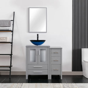 Eclife 36” Bathroom Vanity Sink Combo Grey W/Side Cabinet Vanity Round Blue Tempered Glass Vessel Sink and ORB Solid Brass Faucet and Pop Up Drain, W/Mirror