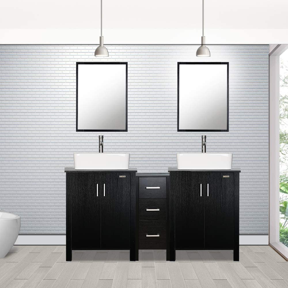 60” Bathroom Vanity Sink Combo Black W/Side Cabinet with Round White Ceramic Vessel Sink, Chrome Bathroom Solid Brass Faucet and Pop Up Drain Combo, W/Mirror