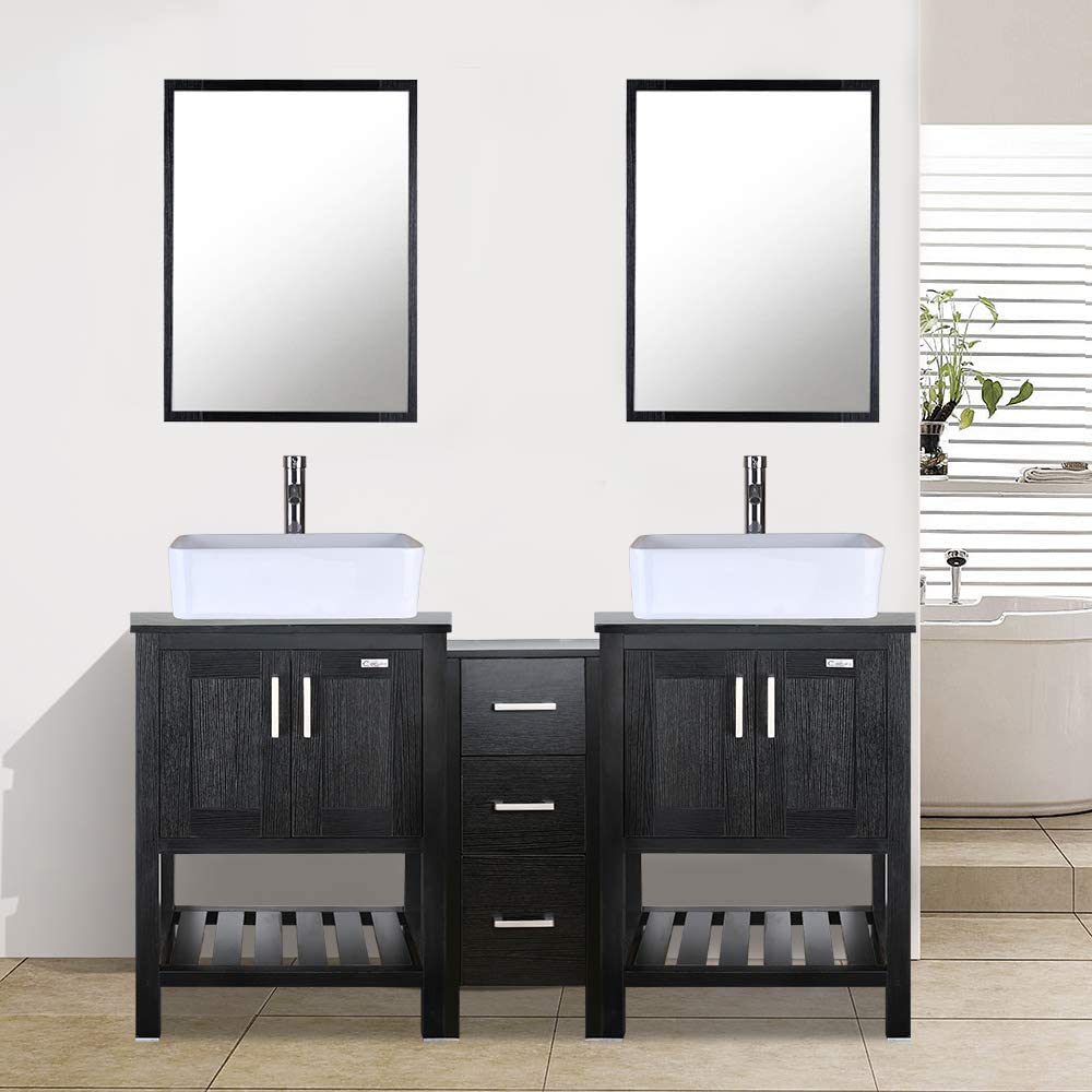 60” Bathroom Vanity Sink Combo Black Modern Stand Pedestal W/Square White Ceramic Vessel Sink, Side Cabinet, Chrome Bathroom Solid Brass Faucet and Pop Up Drain Combo, W/Mirror