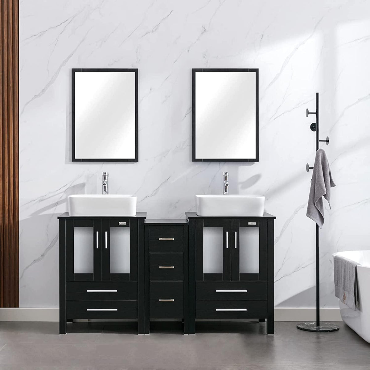 60" Black Bathroom Vanity W/Black Side Cabinet Combo Modern Pedestal Cabinet Set Pedestal Stand Wood with Bathroom Vanity Mirror Soft Closing Cabinet Doors Set