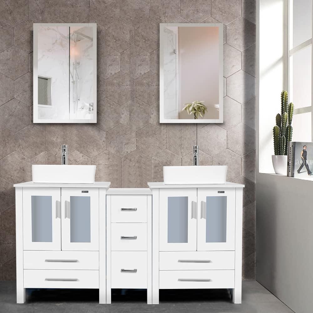 60" White Bathroom Vanity W/White Side Cabinet Combo Modern Pedestal Cabinet Set Pedestal Stand Wood with Bathroom Vanity Mirror Soft Closing Cabinet Doors Set