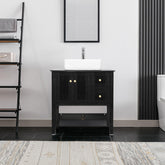 32” Bathroom Vanity Sink Combo Black Cabinet Vanity Brown Round Tempered Glass Vessel Sink & 1.5 GPM Water Save W/ORB Faucet & Solid Brass Pop Up Drain