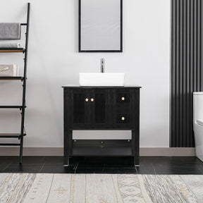 32” Bathroom Vanity Sink Combo Black Cabinet Vanity Brown Round Tempered Glass Vessel Sink & 1.5 GPM Water Save W/ORB Faucet & Solid Brass Pop Up Drain