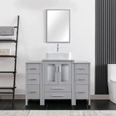 48" Bathroom Vanity Combo W/ Side Cabinet Modern Pedestal Ceramic Vessel Sink, Chrome Bathroom Solid Brass Faucet & Pop Up Drain, W/Mirror
