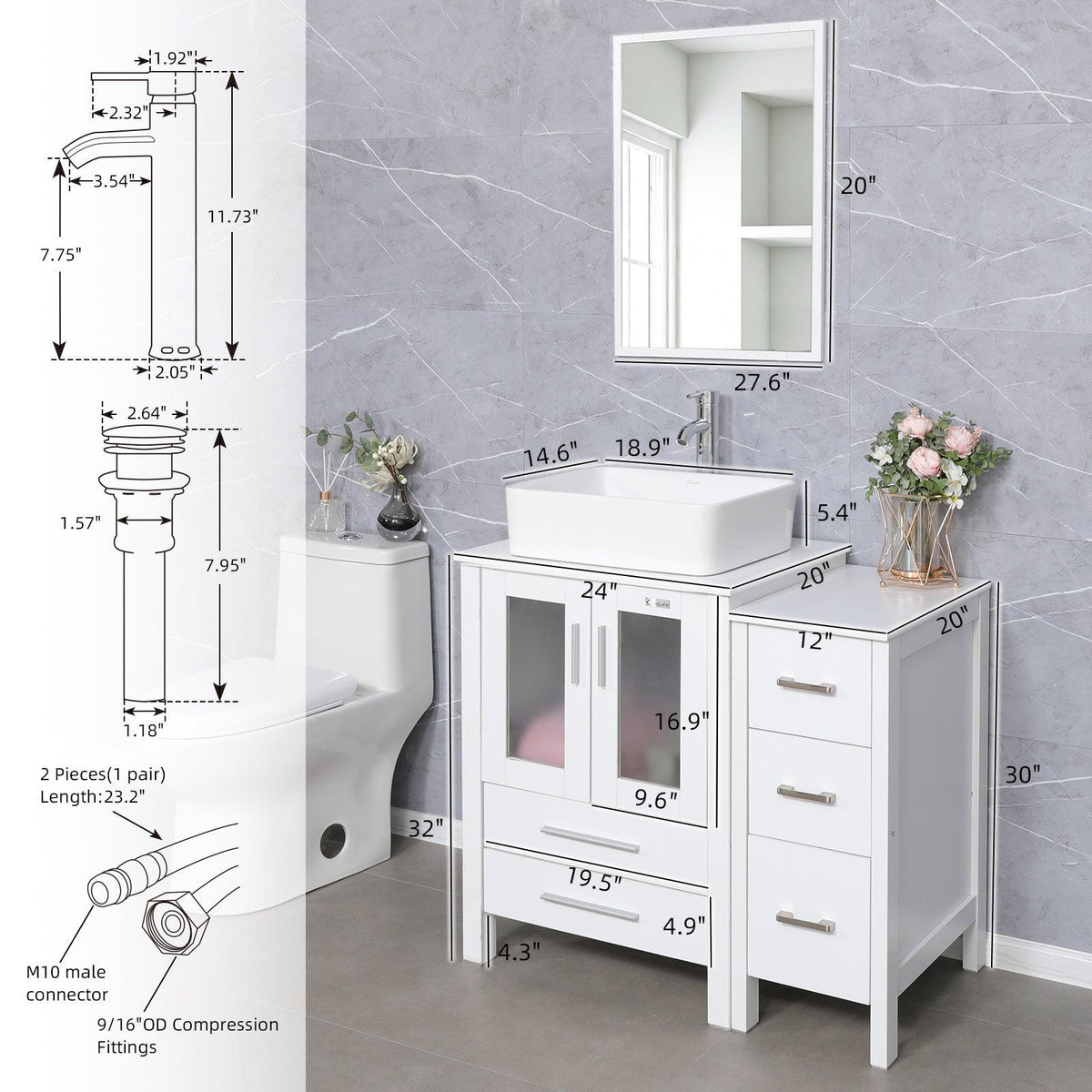 Eclife 36" Bathroom Vanity W/White Side Cabinet Combo Modern Pedestal Cabinet Set Pedestal Stand Wood with Bathroom Vanity Mirror Drawers Soft Closing Cabinet Doors Set