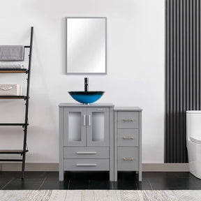 Eclife 36” Bathroom Vanity Sink Combo Grey W/Side Cabinet Vanity Round Blue Tempered Glass Vessel Sink and ORB Solid Brass Faucet and Pop Up Drain, W/Mirror