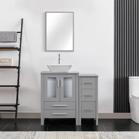 Eclife 36” Bathroom Vanity Sink Combo Grey W/Side Cabinet Vanity Round Blue Tempered Glass Vessel Sink and ORB Solid Brass Faucet and Pop Up Drain, W/Mirror