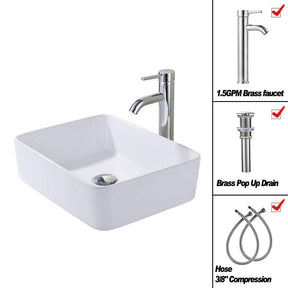 Bathroom Vessel Sink Combo Ceramic Bowl & Faucet & Pop Up Drain—White Rectangle