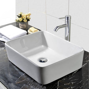 Bathroom Vessel Sink Combo Ceramic Bowl & Faucet & Pop Up Drain—White Rectangle